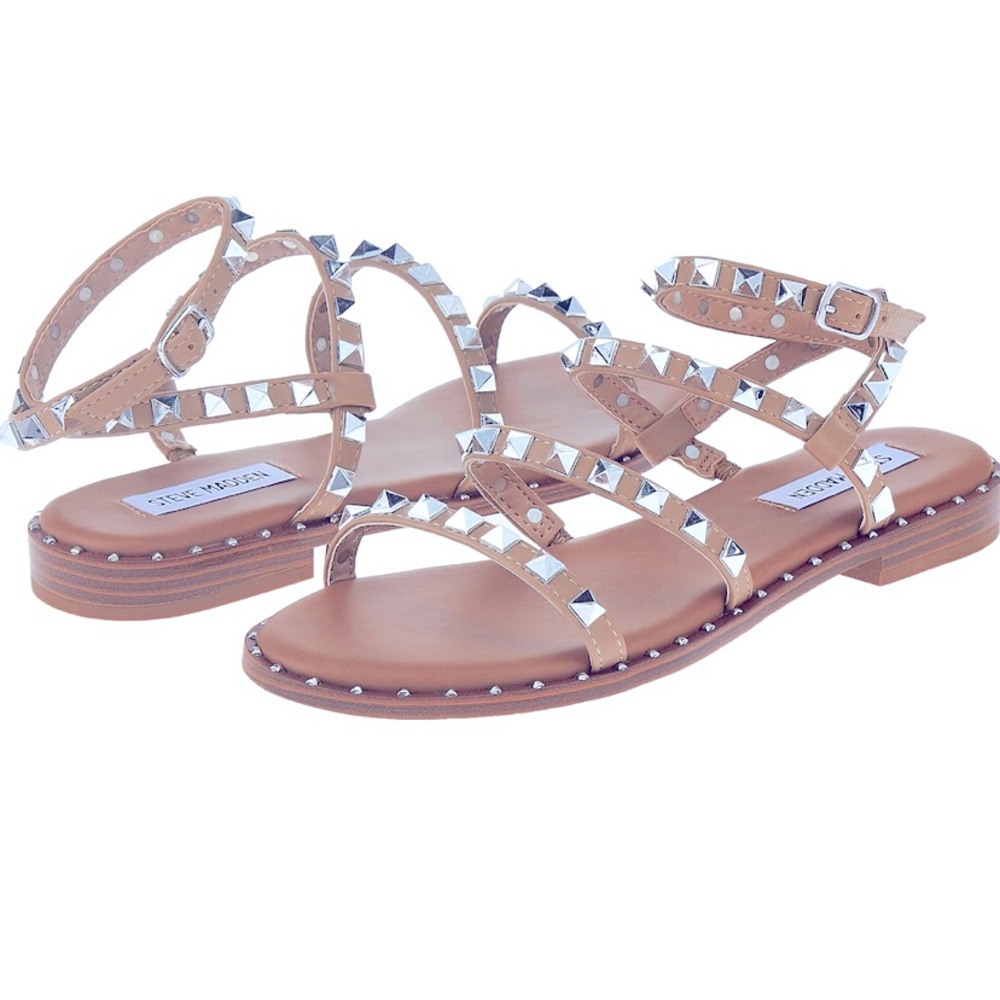 Steve Madden travel / trav02s1 tan & silver metal studded slides 8.5